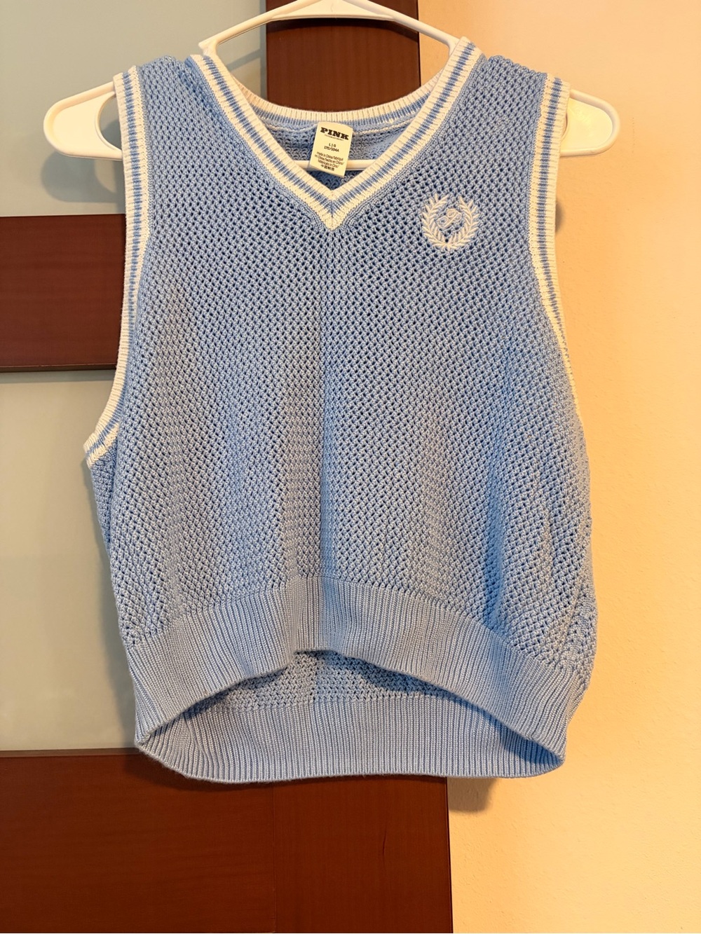 PINK Victoria's Secret Light Blue Knit V-Neck Sweater Vest with White Trim